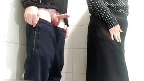 Slurpee-tongued vixen writhes &mdash;  fingers dancing on eager member in germ-laden public facility