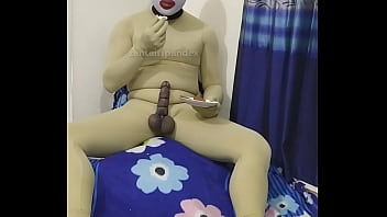 Zentai slave food fetish cbt penis ball rope bondage eat