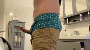 Sagging, Jerking off My Super Hard, Stiff, Throbbing Cock and Cumming in the Bathroom. Sagging in My American Eagle Boxers Too.