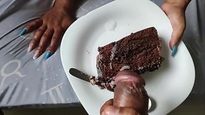 Hot milf with big tits eats cum with her cake
