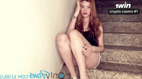 The splendid redhead couldn't stand the eagerness and drained on the stairs