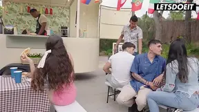 Brunette's Risky Public Handjob Behind Counter