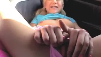 Petite blonde teen Lil Lexy fingers her wet pussy teasingly in a car backseat