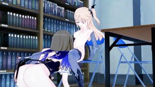 Lisa fucking Fischl inside library with strap-on. Lesbo Anime.