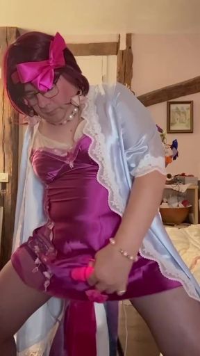 In outfit with the fuchsia nightie stained with a cum stain and sink on a dildo and make a cum stain on the nightie