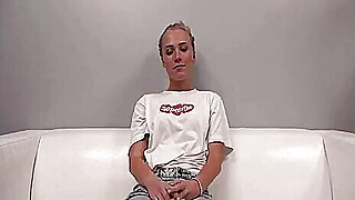 Blonde babe oiled up during casting session and fucked hard
