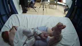 Barefoot blindfolded Amy in white shirt and jeans shorts, hogtied with hemp rope, is tickled and teased by Blackshark - view from her eyes (HD MP4)