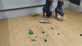 Giantess Atari crushes two old race cars toy car crush in high heel boots High view