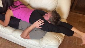 Lazy Husband Headscissored On The Sofa