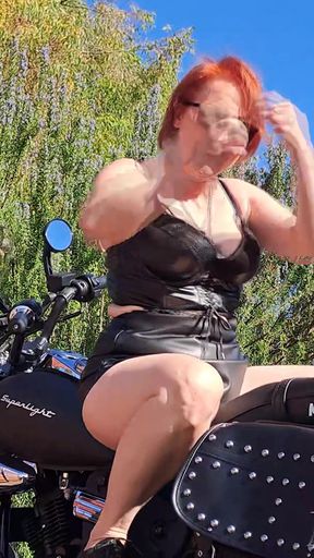 Biker Girl Behind the Scenes: Leather, Black Bike &amp; A Naughty Secret (Full in Bio)   Clip 1