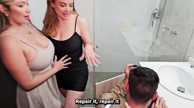 Plumber fills milf lesbians with thick cock after begging threesome