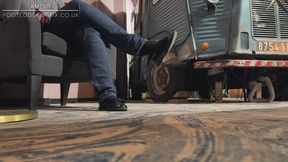 Amelie shoeplay while waiting to check in to hotel