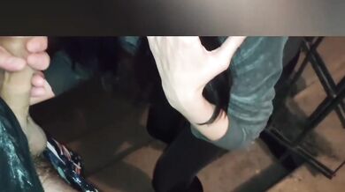 Cheated husband with neighbor in building entrance hot sex blowjob public cum on leggings