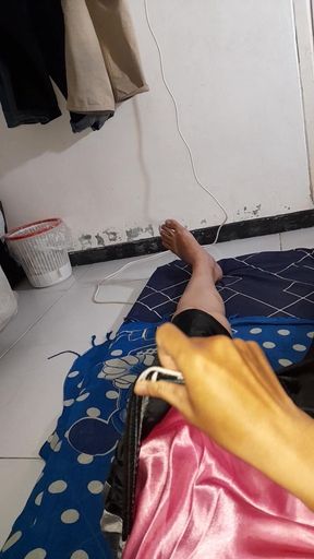 Wearing Satin Pink Lingerie Inside Shorts and Cum Into It