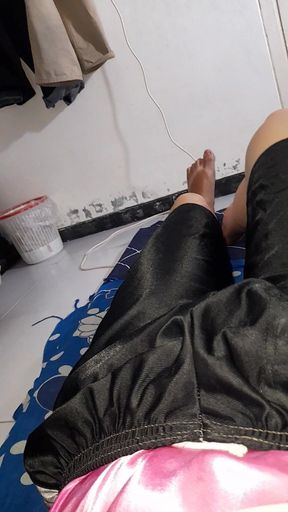 Wearing Satin Pink Lingerie Inside Shorts and Cum Into It