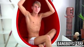 Blonde bare chested twink masturbating and playing with ass