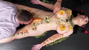 Busty Asian ladies decorate their bodies with a delicious dinner before a hot threesome.