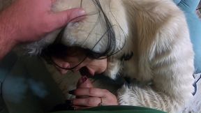fluffy blowjob on the chair – deepthroat and cum on my fur coat