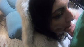 fluffy blowjob on the chair – deepthroat and cum on my fur coat