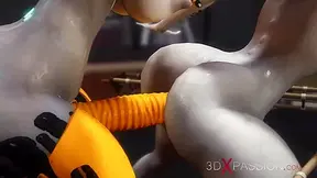 Futa sex robot plays with a female alien in the sci-fi lab