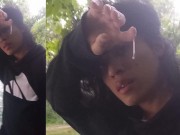 Cumplay play with long thick string of cum stuck on hand after orgasm with sex twink moaning outdoor