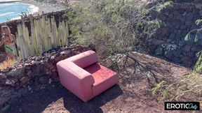 German Blonde Horny MILF Outdoor Threesome Fuck with Two Hard Cocks