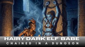 Sexy fantasy dark elf girl with hairy armpits chained to a pillar in bondage tries to escape from her tormenter