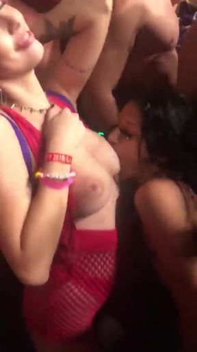 Lesbian amateurs play with trashy public boners