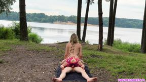 Naked blonde roughly rides big cock outdoors in forest until gets huge cumshot load on boobs
