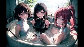 Smutty Japanese cuties wallowing in cum-filled tubs, AI-crafted perversion paradise.