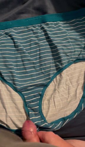 Cumming on bbw wife's blue striped panties