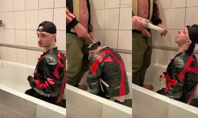 Big Man in Leather Jacket Pissing on Leather Moto Biker