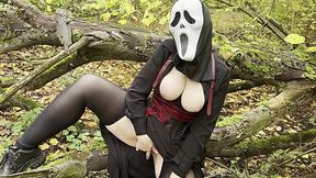 Hot girl with big boobs, wearing ghostface mask has a wild sex with her boyfriend in the forest