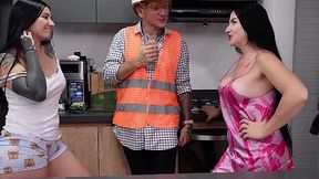 Two slutty latina girls ask horny repairman if they can pay him with a wild threesome sex