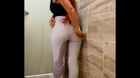Piss on yoga pants in the badroom