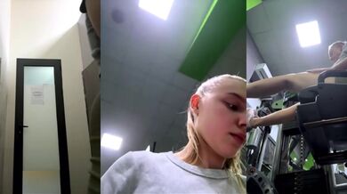 Horny teen tantrum Inferno at the gym where she fingered her slick pubes till she squirted on the bench