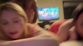 He fucks two sexy chubby trannies on couch