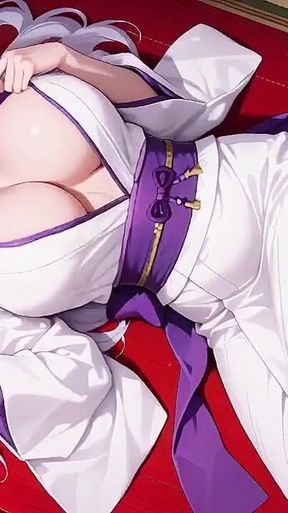 Silver-haired Miko Shrine Secrets! Half-unbuttoned White Kimono, Kneeling Poses and Intense Eye Contact.
