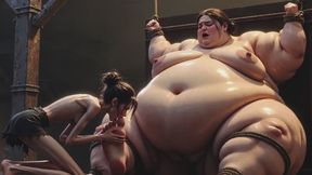 Obese Woman in Rope Bondage - Skinny Girl Devoted to Her Feet