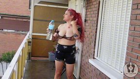 risky public topless workout session on the porch with water