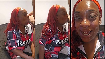 Ebony BBW MILF sucking dick until cum is squirted on her face