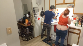 Couple&#039;s Buttcracks Exposed Cleaning Kitchen Cabinets