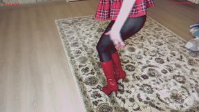 Alla sexily shows off her nylon tights and applies shiny lipstick.