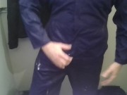Wanking and spunking my big cock wearing a mates boilersuit at work