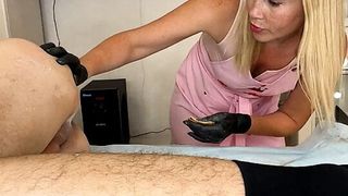 Waxing a man with a giant dick!