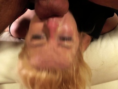 Amateur slut facialed in blowjob group and swallows