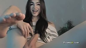 A gorgeous trans girl jerks her fat dick