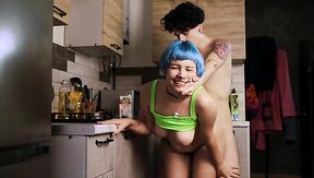 Russian student fucks pretty blue haired friend in the kitchen