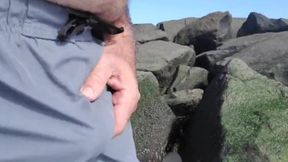 Jerking off on public beach-Big Cum Shot-Hairy Bear