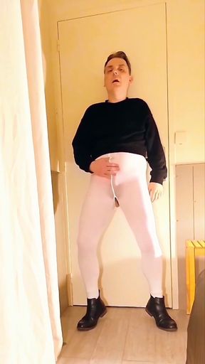 Cock Stroking in Open White Pantyhose